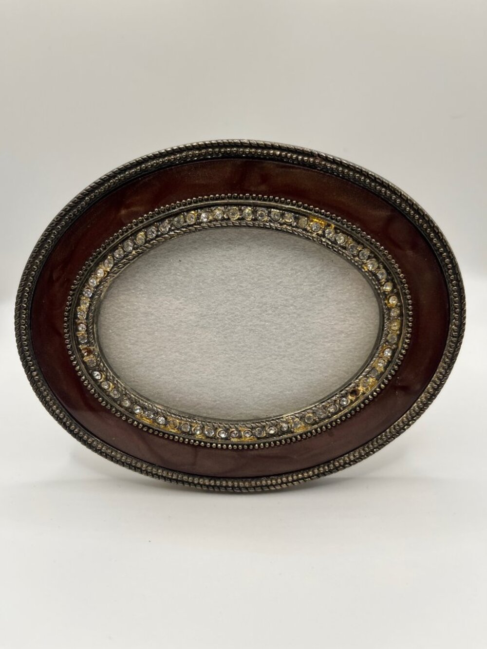 Vintage Jeweled Oval Picture Frame 4x5 – Burgundy/brown & Brass